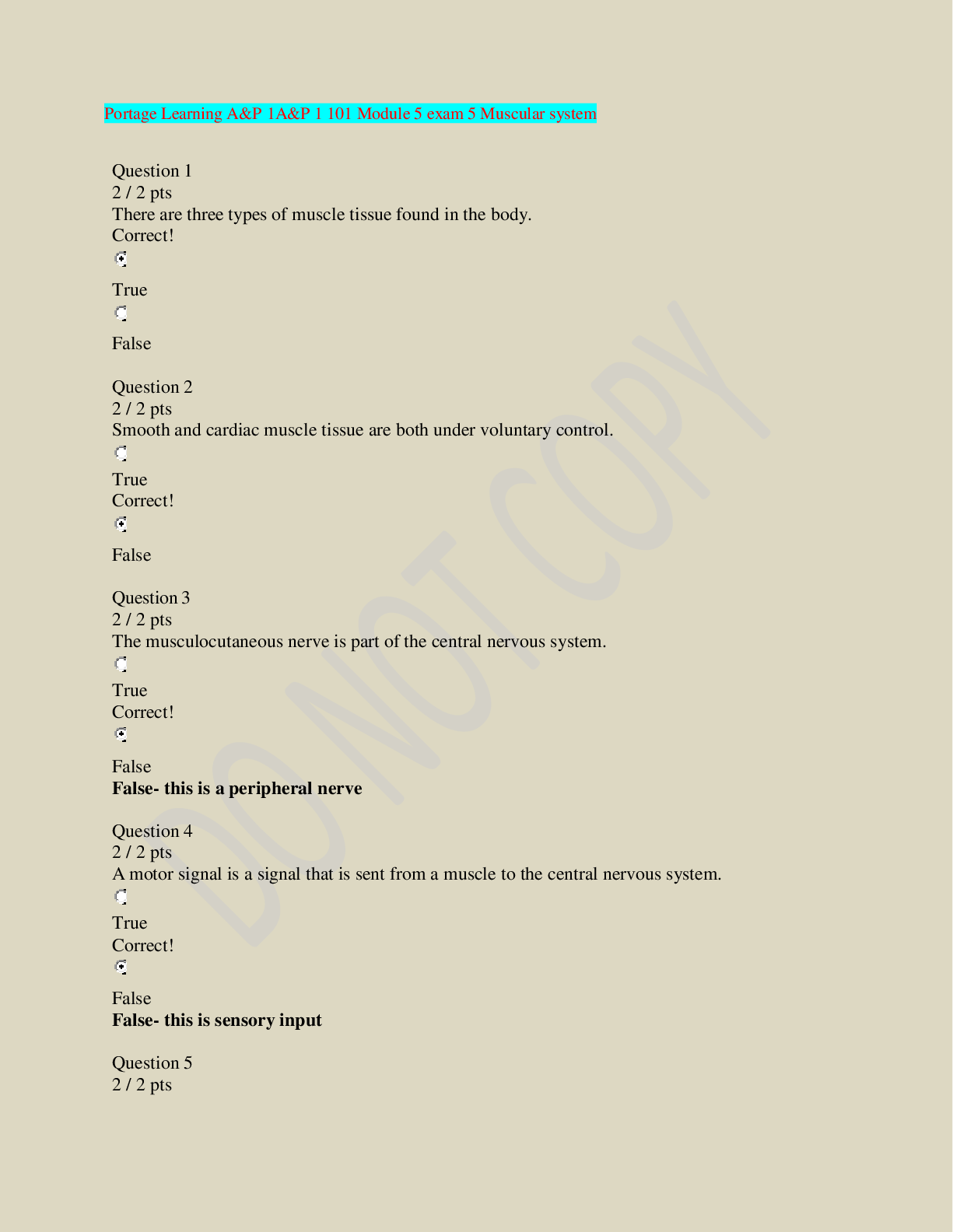 Preview image for PORTAGE LEARNING A&P 1 101 MODULE 5 EXAM 5 MUSCULAR SYSTEM 2022.